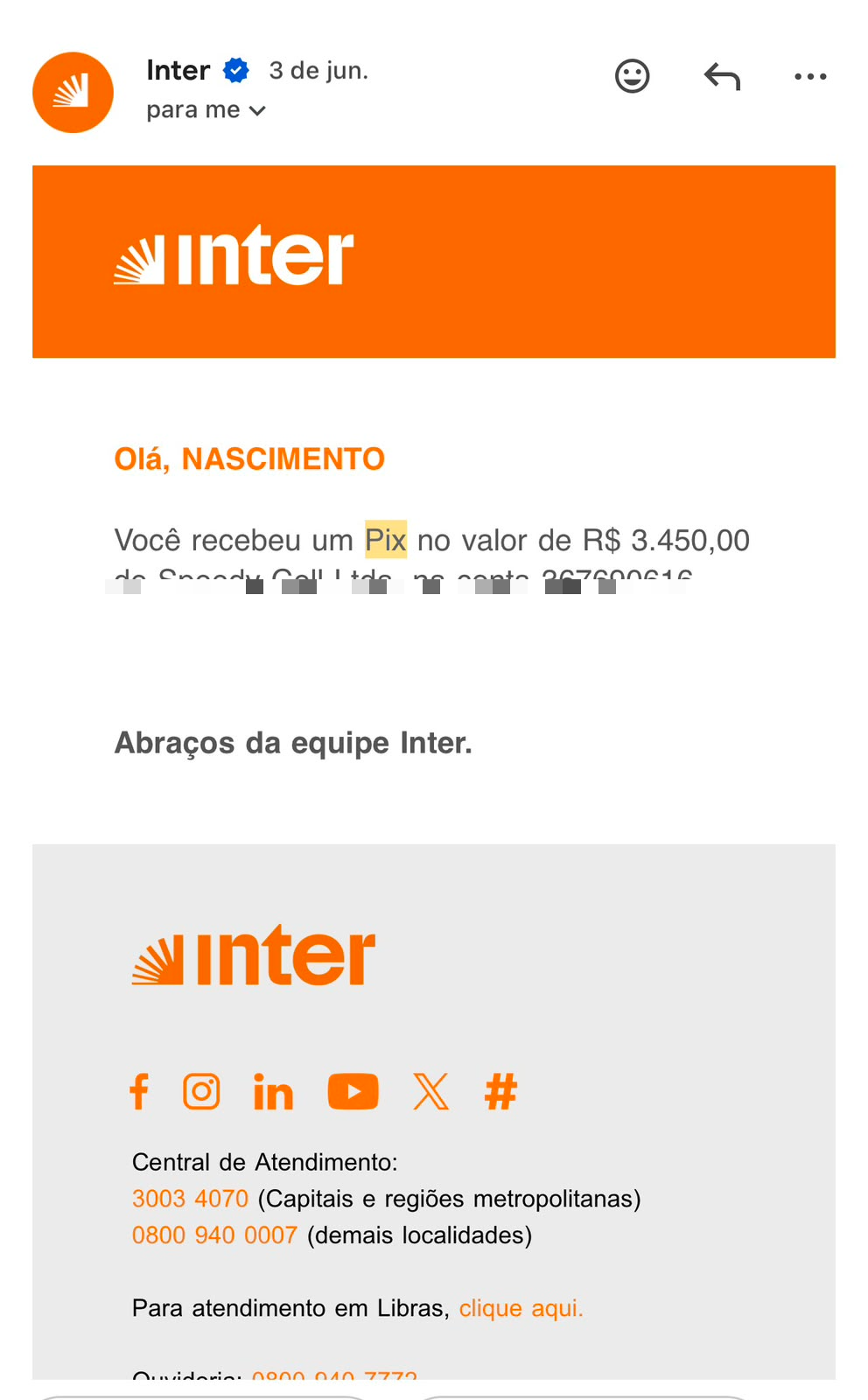 Comprovante Pix R$ 3.450,00
